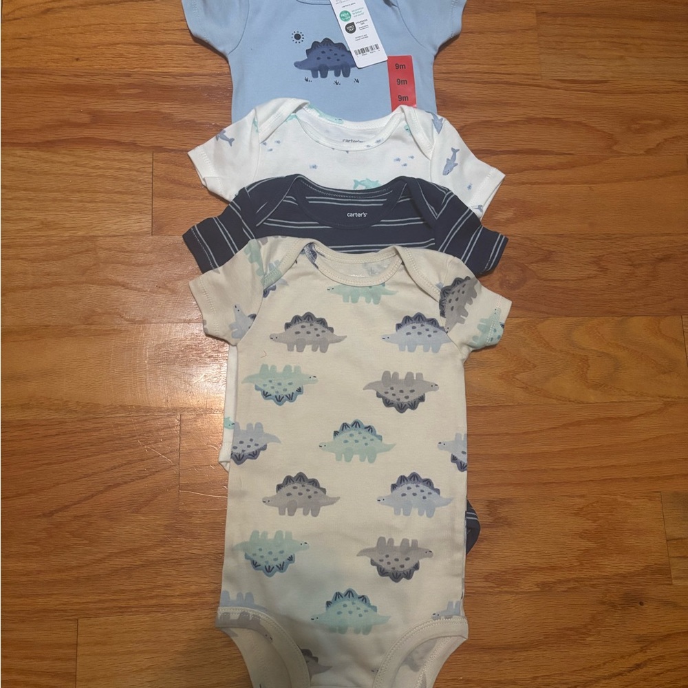NWOT 9 months Carter's Dinosaur Bodysuit Set - Blue, White, Cream